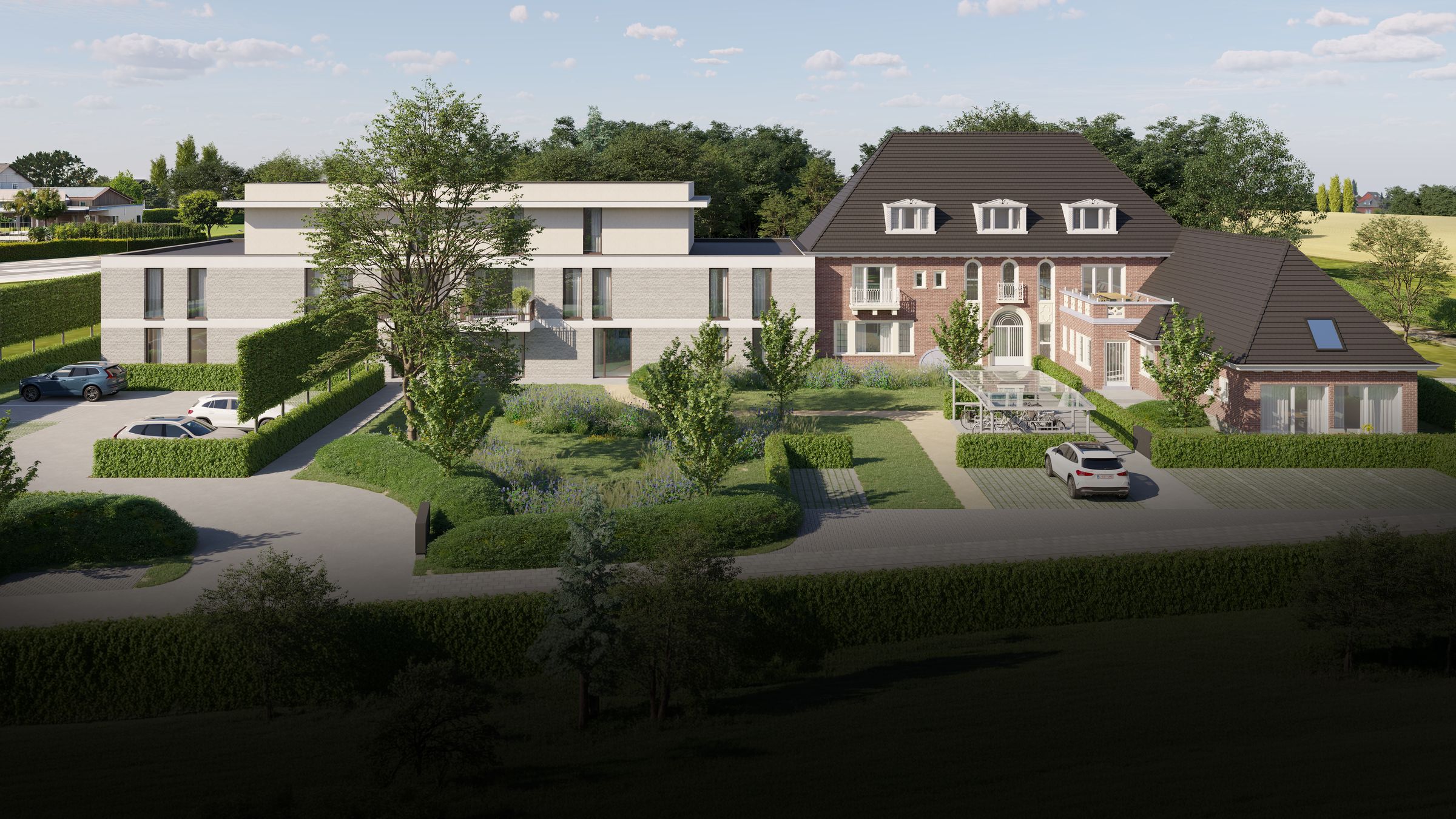 Parkhof: nieuwbouw en dokterswoning met parktuin, gezien vanaf de straat