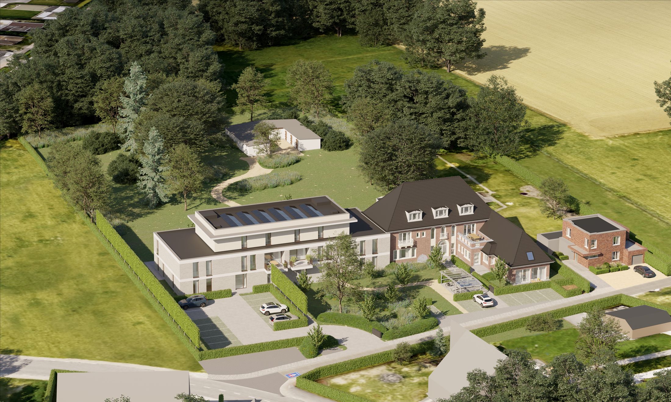 Luchtbeeld van Parkhof tussen de velden van Kampenhout